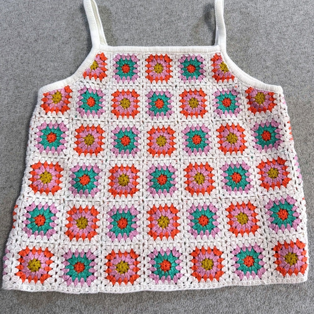 Art Class Crochet Cami Top Kids XL 14/16 Multicolor Boho Granny Square Retro